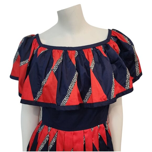 Vintage Mignon Dress 70s 80s Festive Party Retro Red Blue Vtg Diamond Print XS/S - Picture 6 of 14